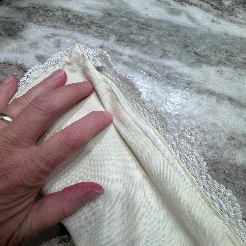 Vintage Hand Embroidered Floral Lace Trim Pillow Covers Set of 2 Cream 15.5
